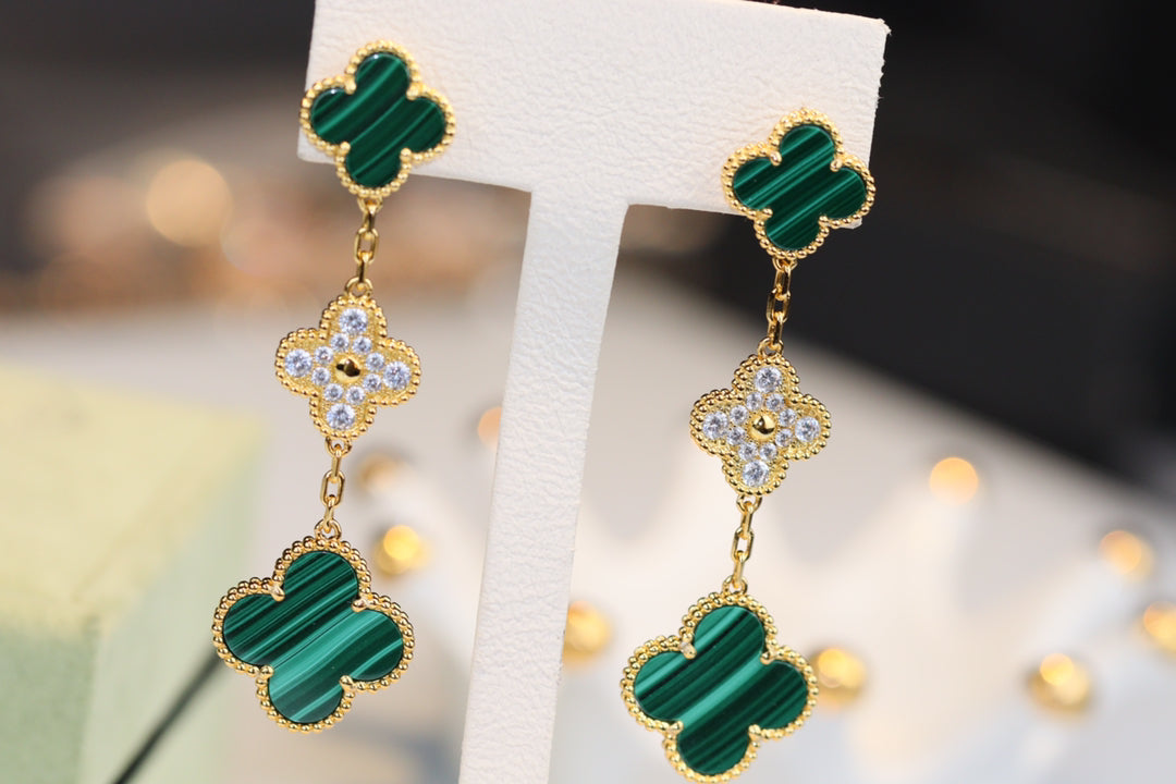 Loco CLOVER EARRINGS GOLD MALACHITE DIAMOND 3 MOTIF