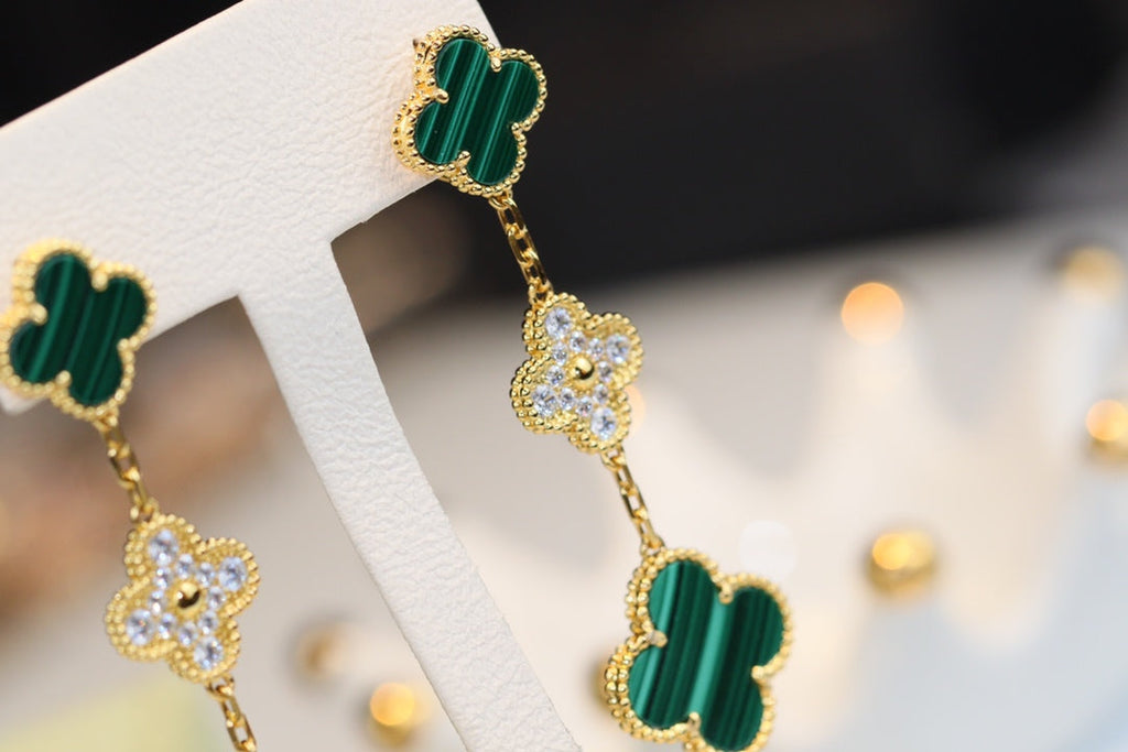 Loco CLOVER EARRINGS GOLD MALACHITE DIAMOND 3 MOTIF