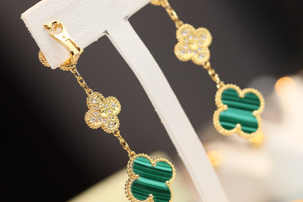 Loco CLOVER EARRINGS GOLD MALACHITE DIAMOND 3 MOTIF