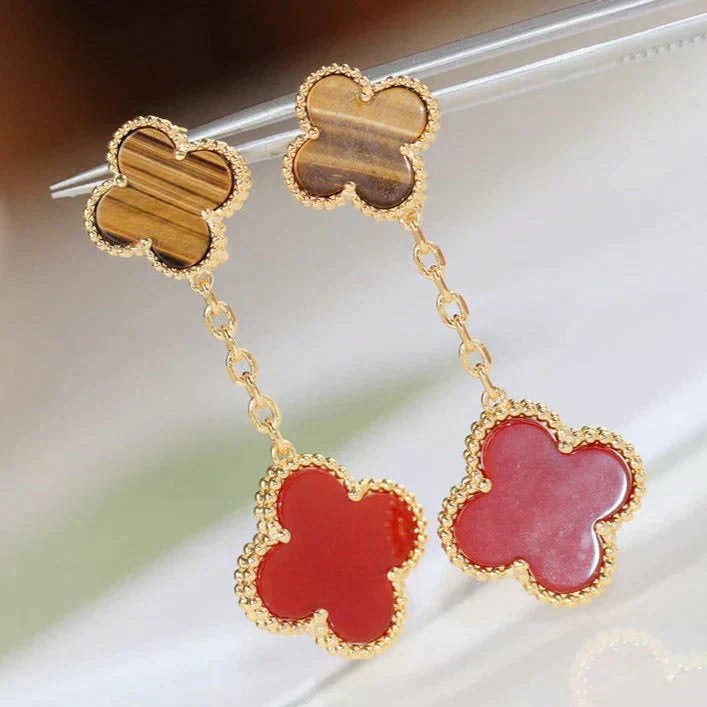 Loco CLOVER  2 MOTIF  TIGER EYE CARNELIAN EARRINGS