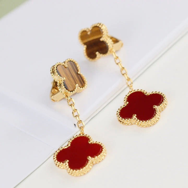 Loco CLOVER  2 MOTIF  TIGER EYE CARNELIAN EARRINGS