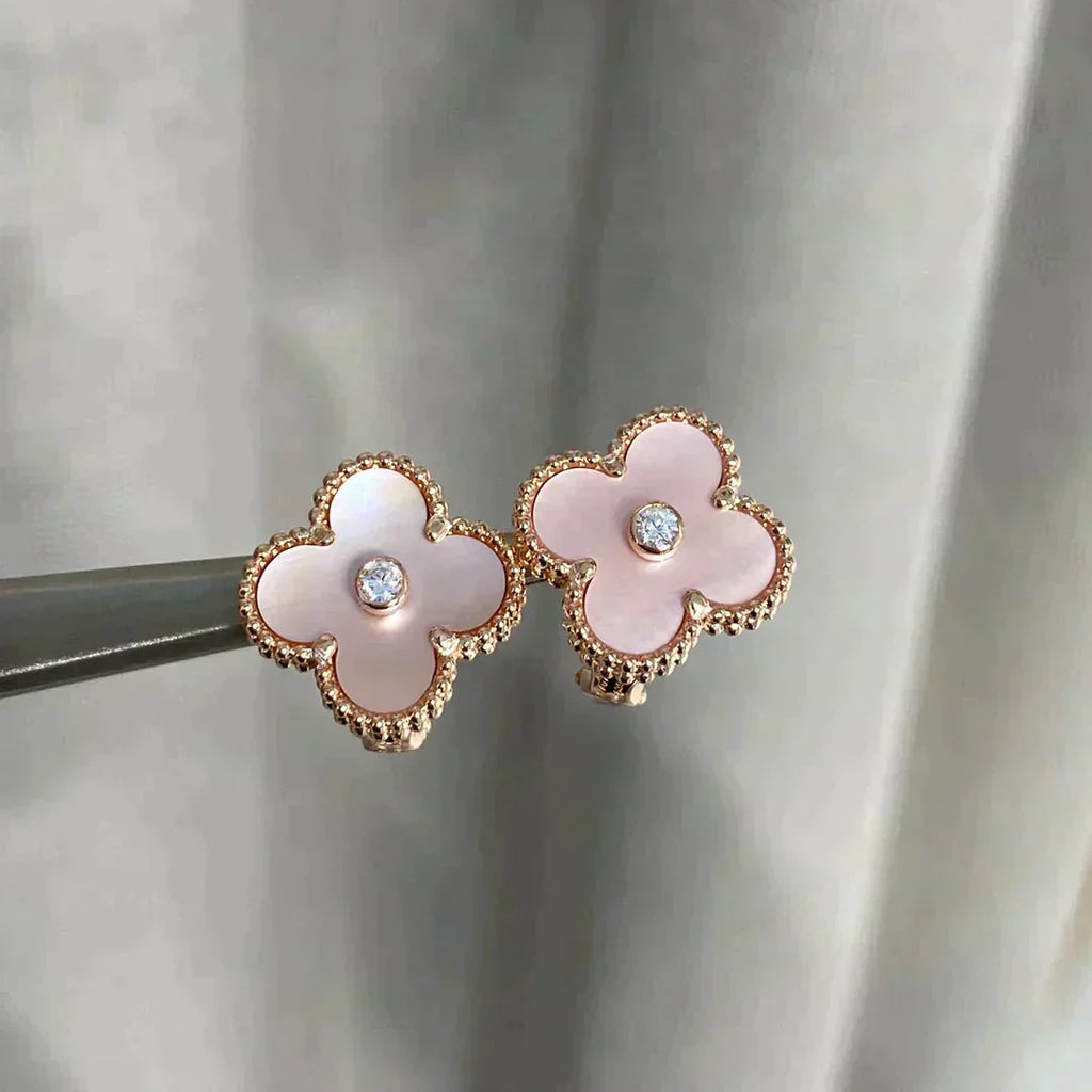 Loco CLOVER MEDIUM 1 MOTIFS  PINK MOP DIAMOND EARRINGS