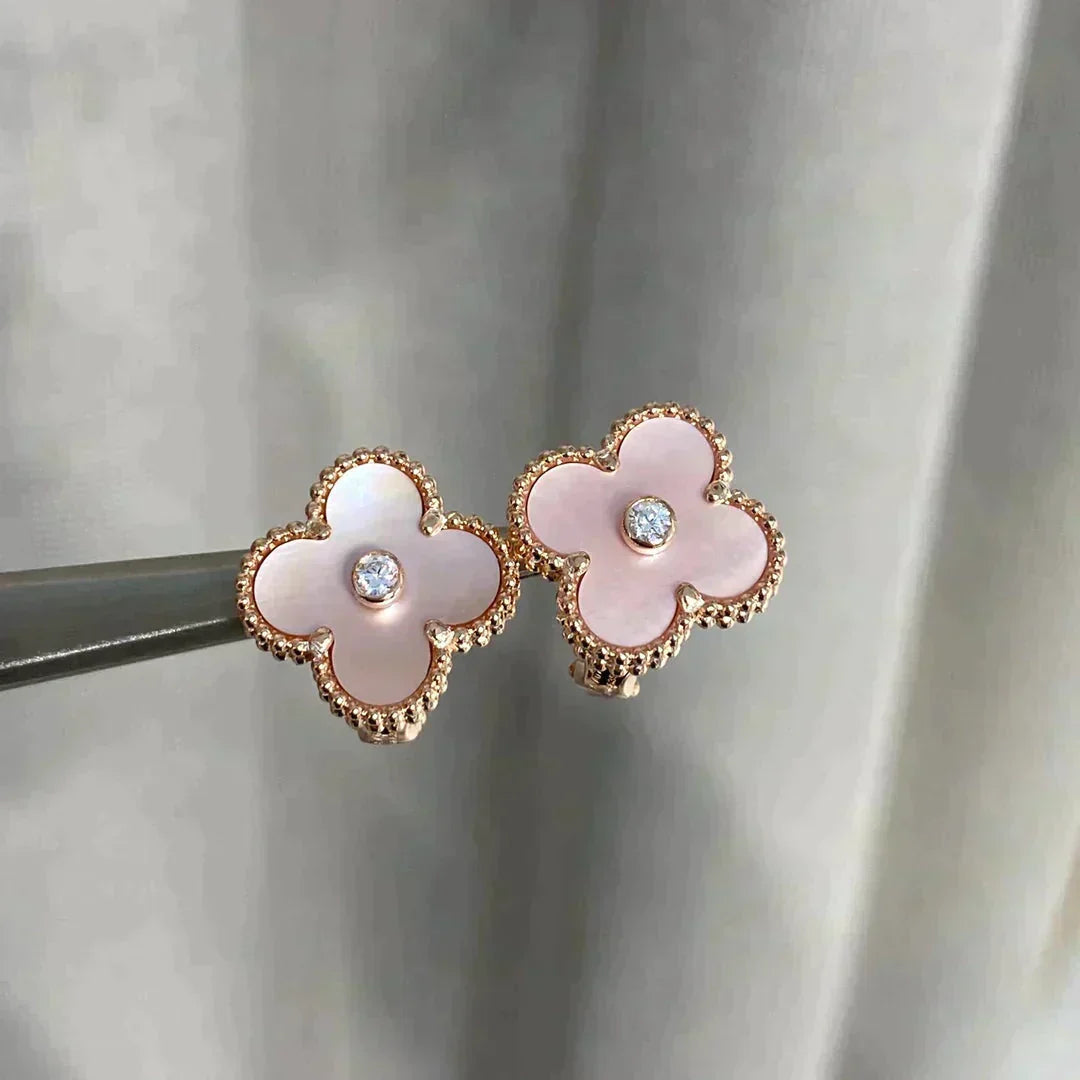 Loco CLOVER MEDIUM 1 MOTIFS  PINK MOP DIAMOND EARRINGS