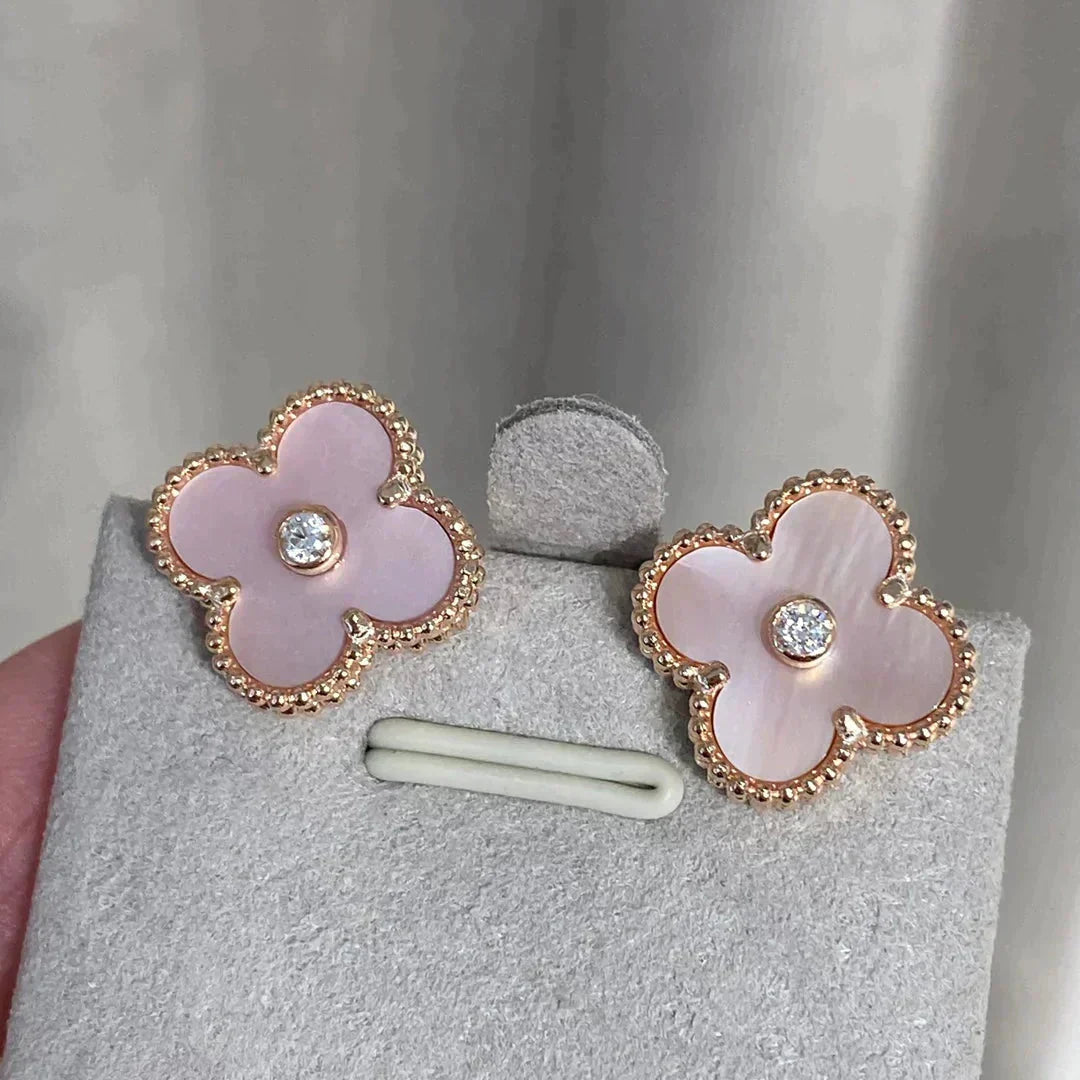 Loco CLOVER MEDIUM 1 MOTIFS  PINK MOP DIAMOND EARRINGS
