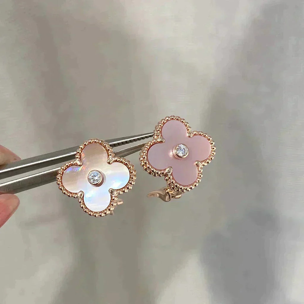Loco CLOVER MEDIUM 1 MOTIFS  PINK MOP DIAMOND EARRINGS