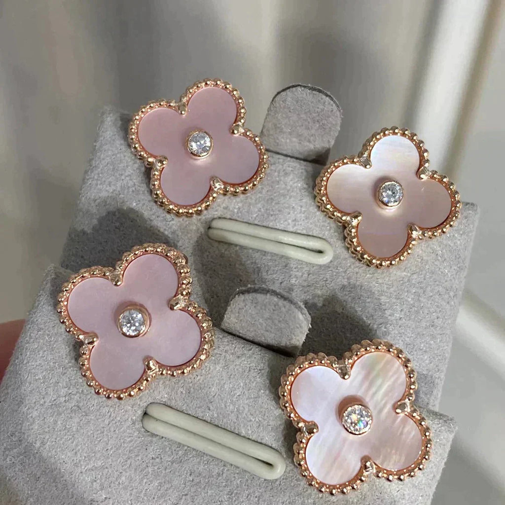 Loco CLOVER MEDIUM 1 MOTIFS  PINK MOP DIAMOND EARRINGS