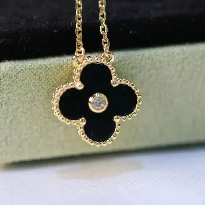 Loco CLOVER 15MM DIAMOND ONYX NECKLACE