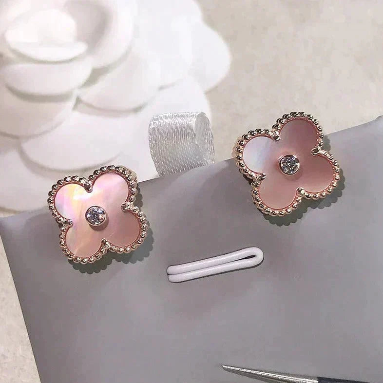 Loco CLOVER MEDIUM 1 MOTIFS  PINK MOP DIAMOND EARRINGS