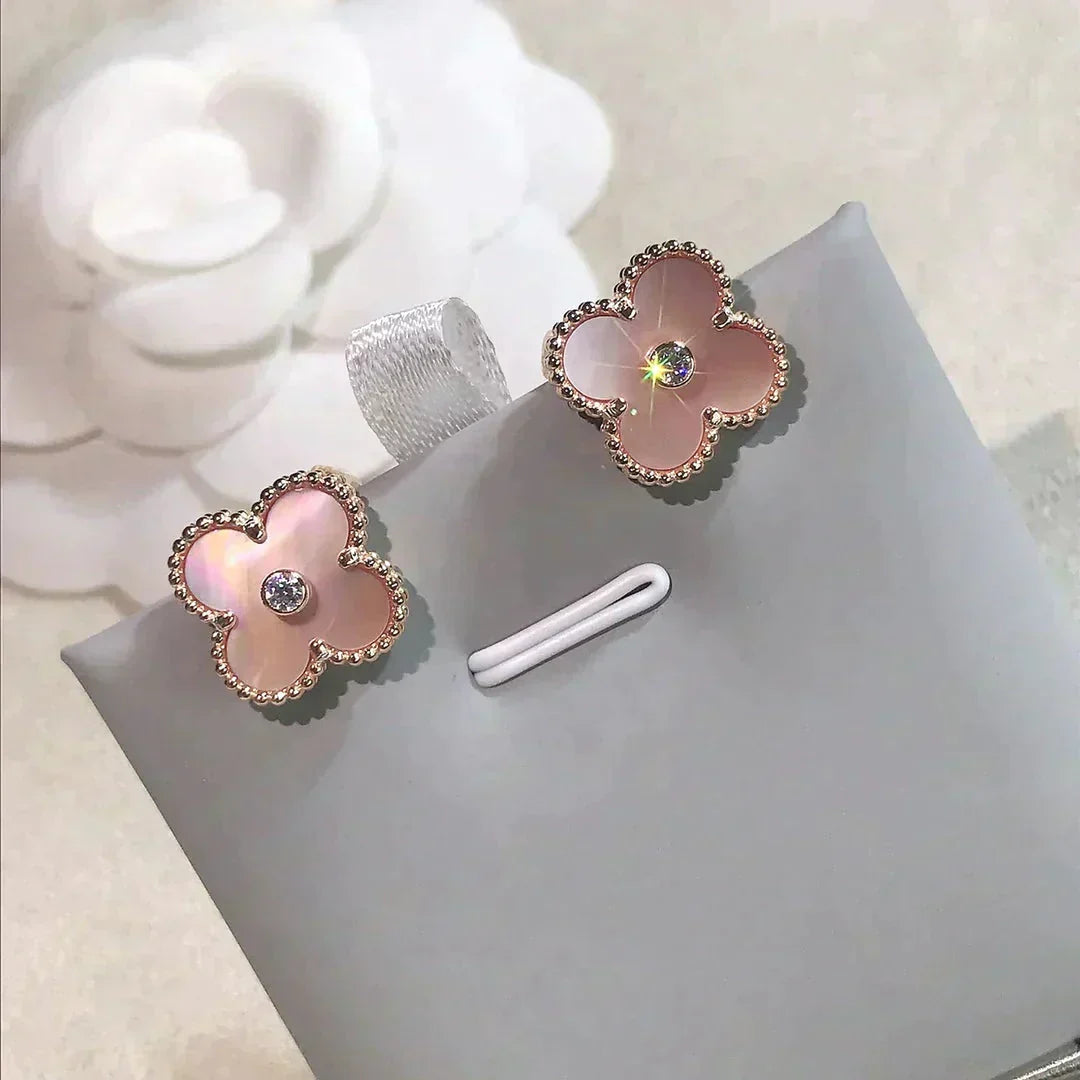 Loco CLOVER MEDIUM 1 MOTIFS  PINK MOP DIAMOND EARRINGS
