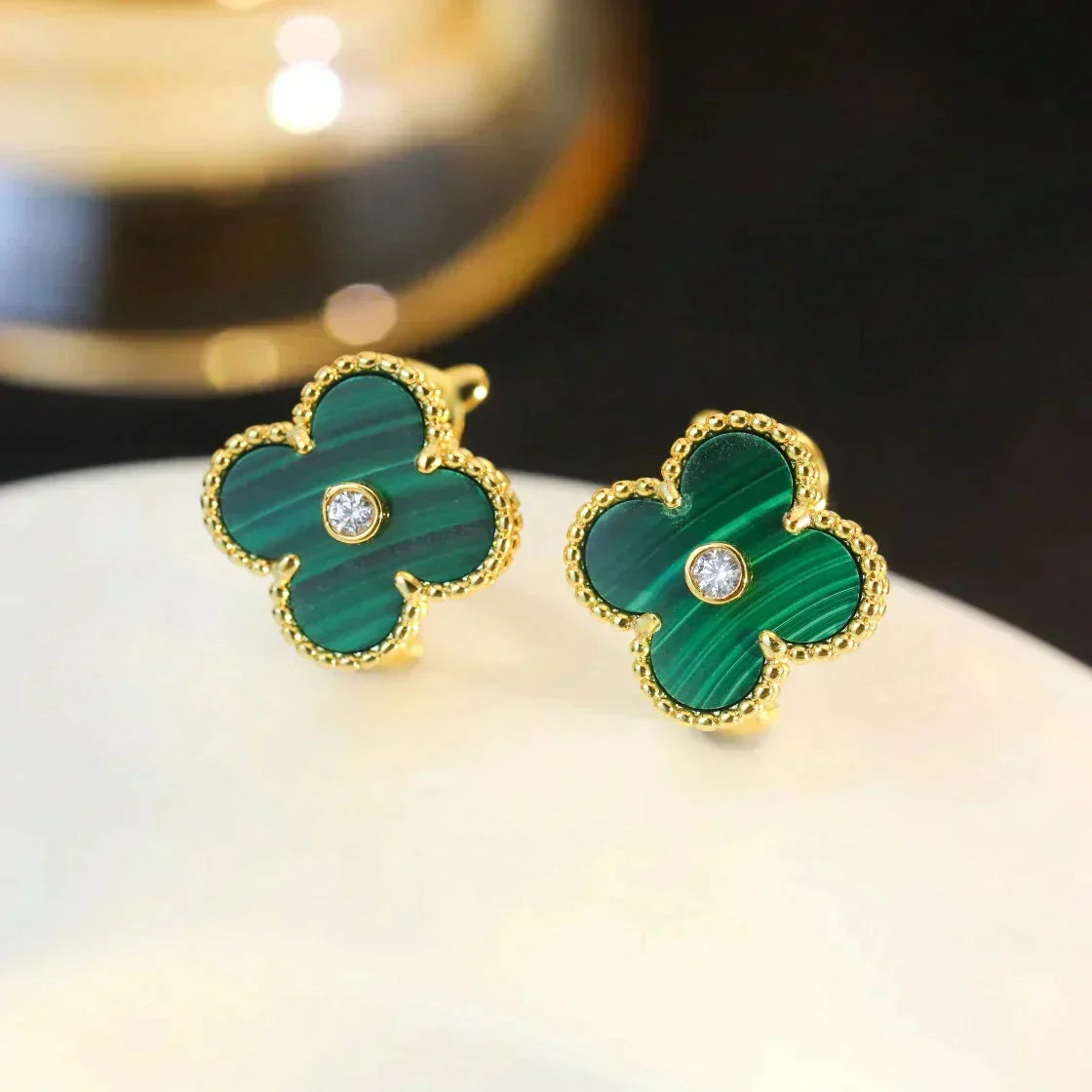 Loco CLOVER MEDIUM 1 MOTIFS MALACHITE DIAMOND EARRINGS