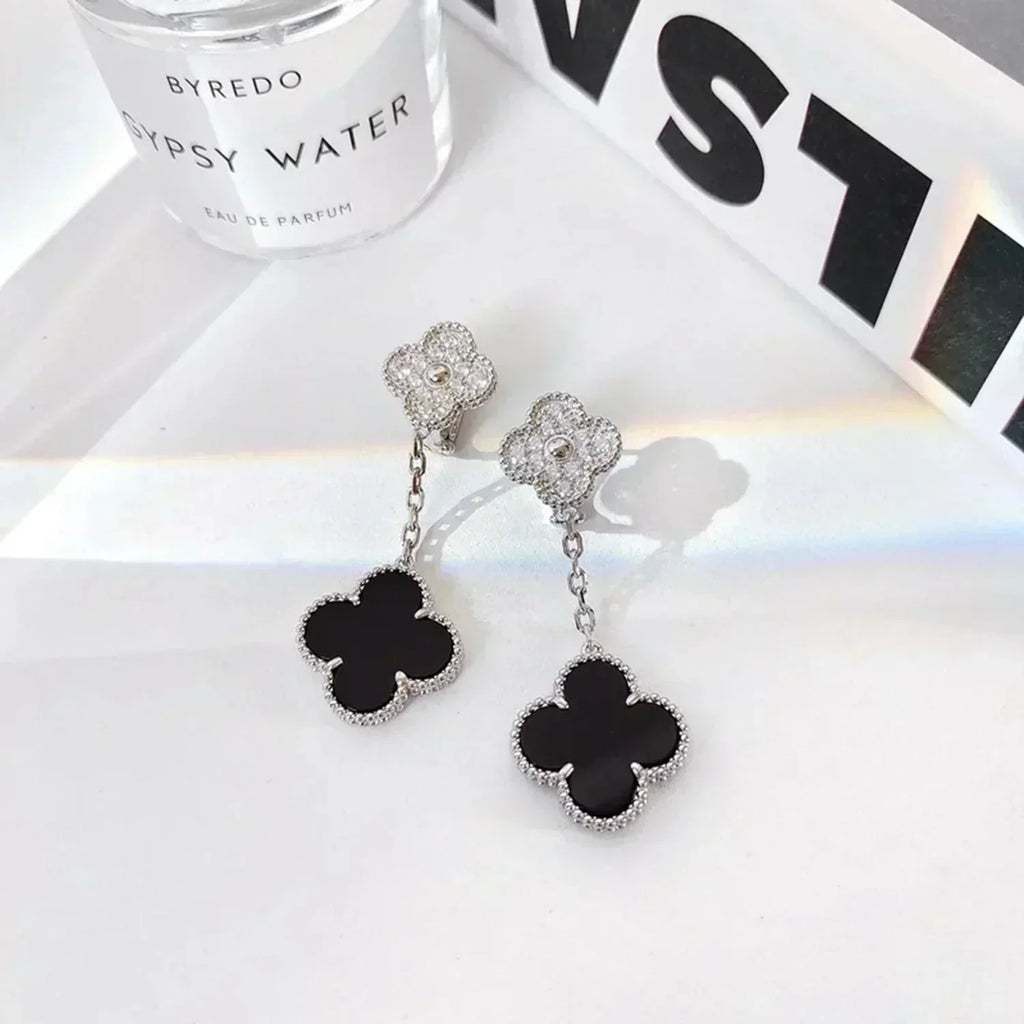 Loco CLOVER 2 MOTIFS  DIAMOND ONYX EARRINGS SILVER