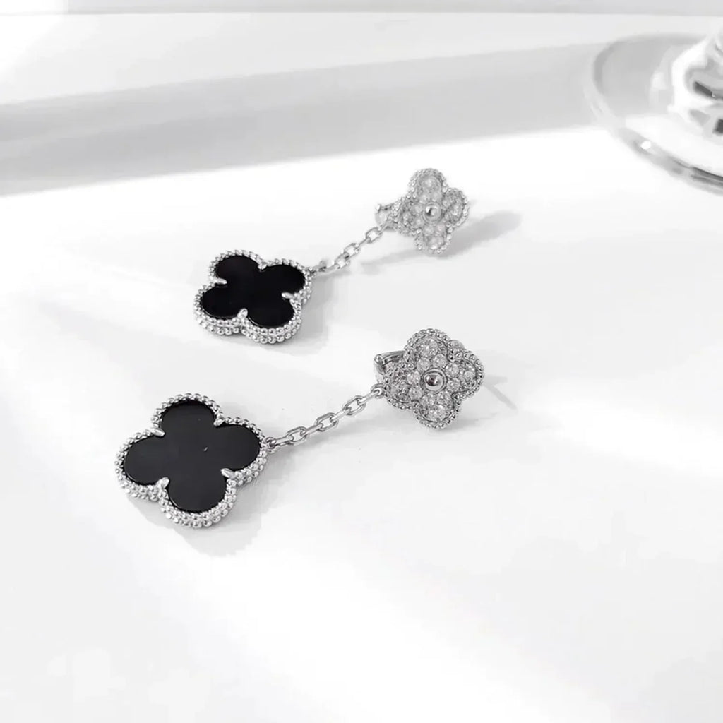Loco CLOVER 2 MOTIFS  DIAMOND ONYX EARRINGS SILVER