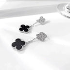 Loco CLOVER 2 MOTIFS  DIAMOND ONYX EARRINGS SILVER
