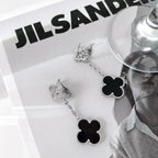 Loco CLOVER 2 MOTIFS  DIAMOND ONYX EARRINGS SILVER