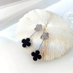 Loco CLOVER 2 MOTIFS  DIAMOND ONYX EARRINGS SILVER