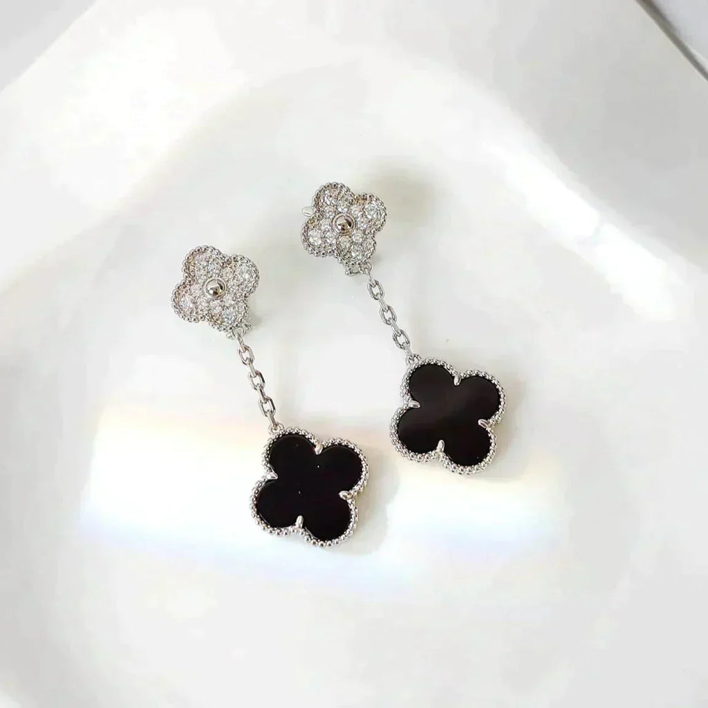 Loco CLOVER 2 MOTIFS  DIAMOND ONYX EARRINGS SILVER