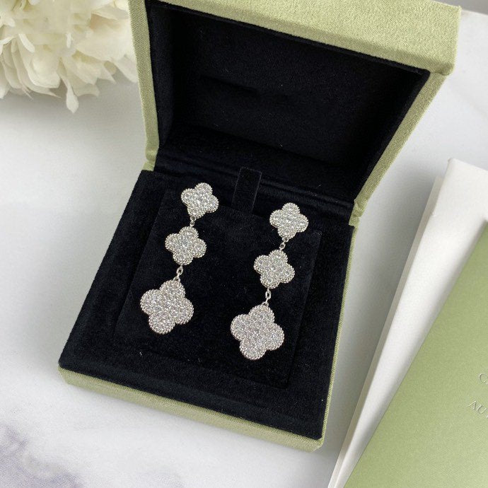 Loco CLOVER 3 MOTIF DIAMOND SILVER DROP EARRINGS
