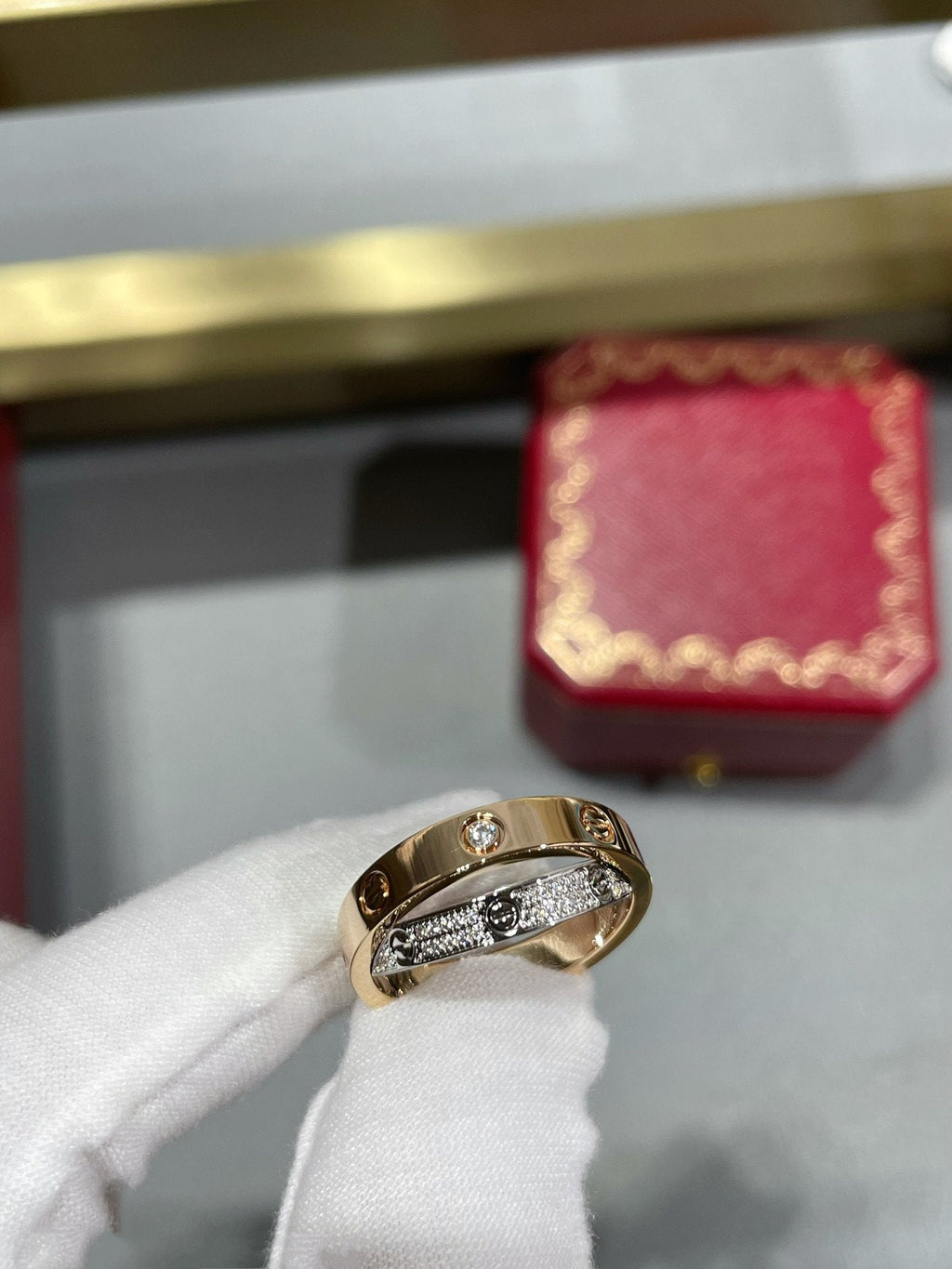 Loco LOVE PINK GOLD SILVER DIAMOND DOUBLE RING