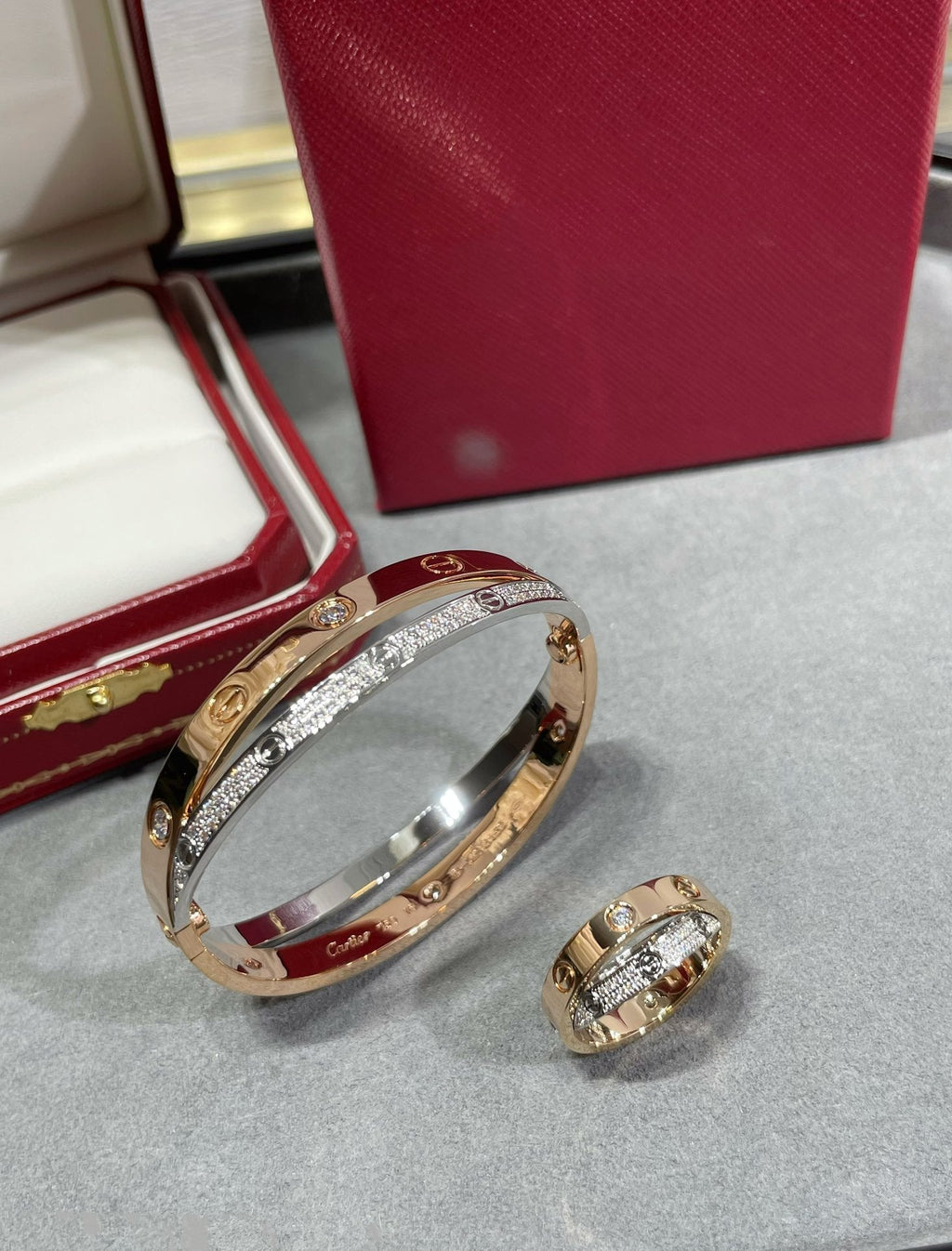 Loco LOVE PINK GOLD SILVER DIAMOND DOUBLE RING
