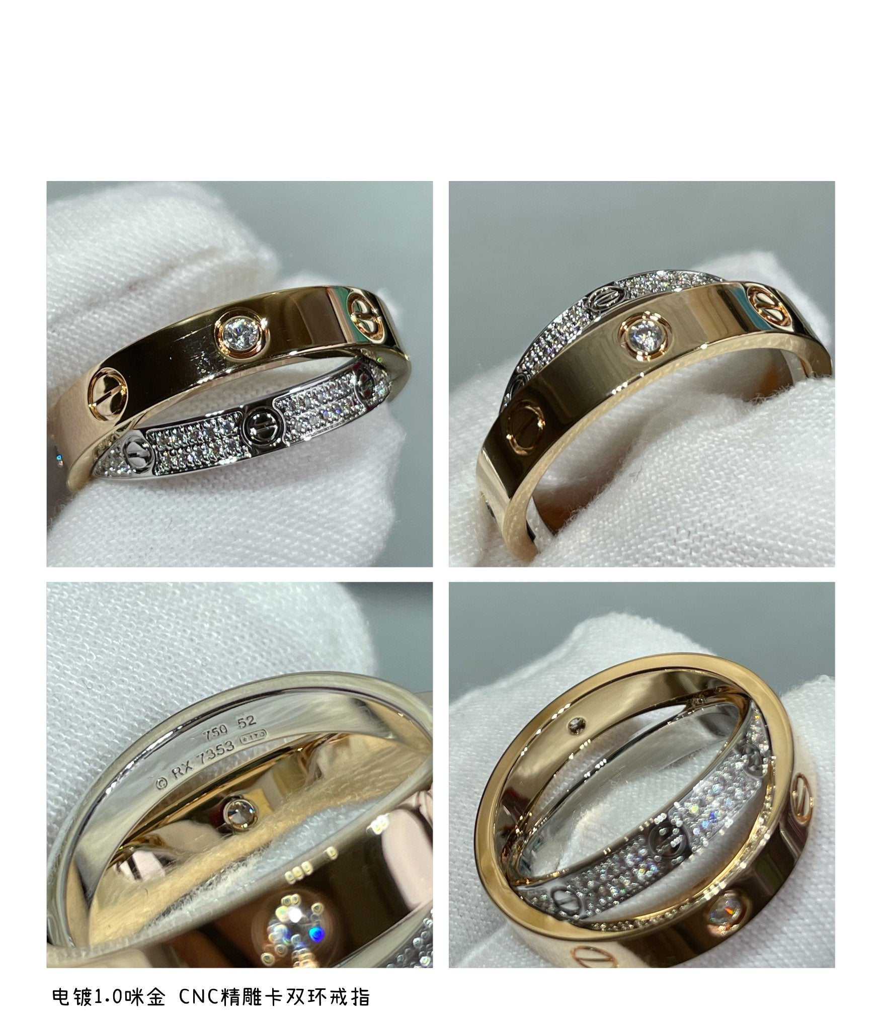 Loco LOVE PINK GOLD SILVER DIAMOND DOUBLE RING