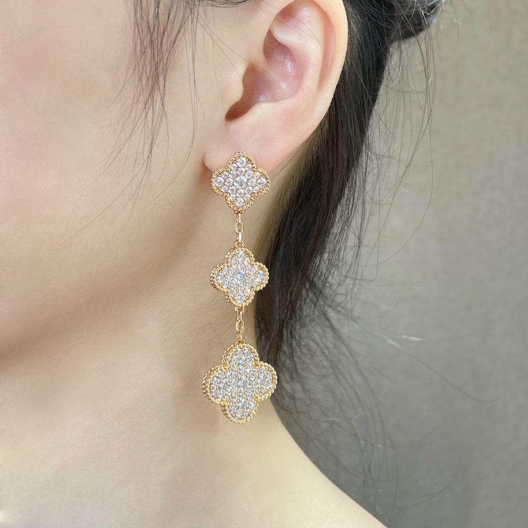 Loco CLOVER 3 MOTIFS DIAMOND PAVED ROSE GOLD EARRINGS