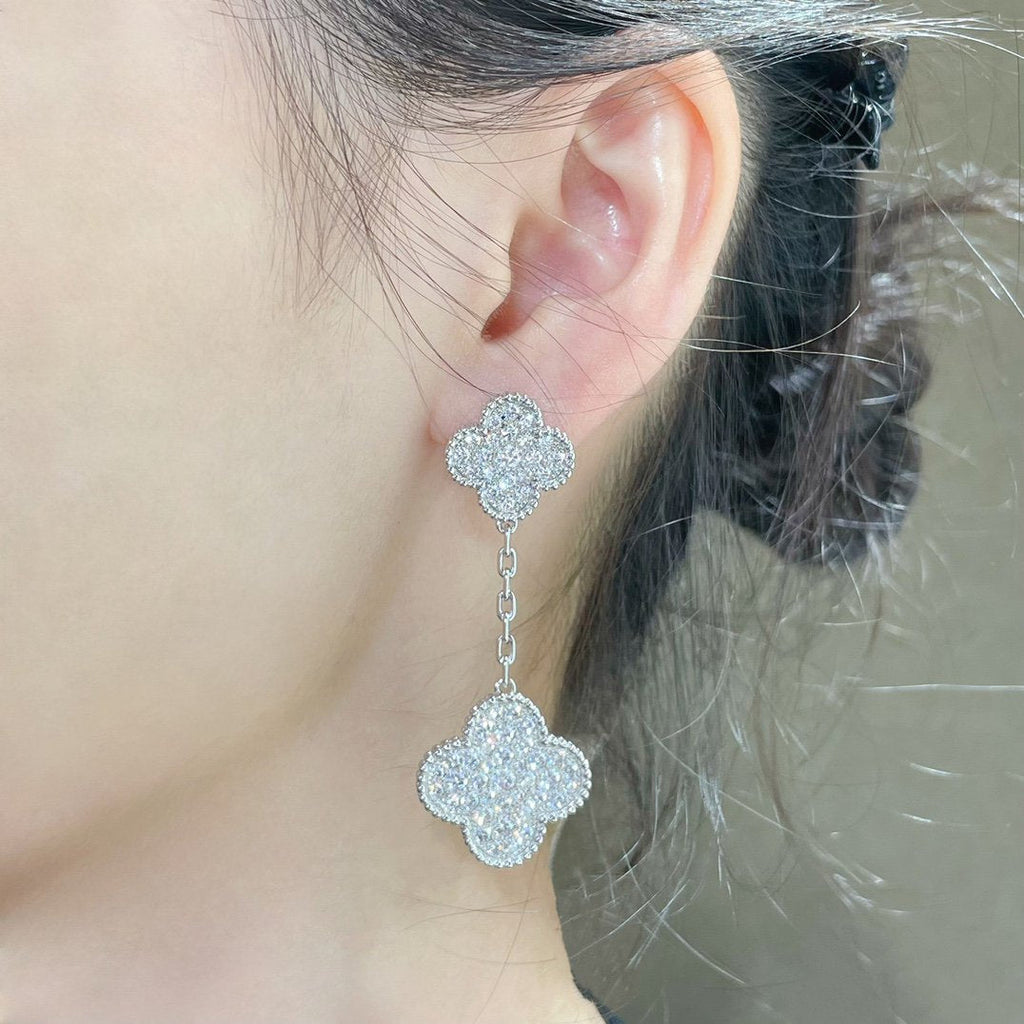 Loco CLOVER 2 MOTIFS DIAMOND PAVED SILVER EARRINGS