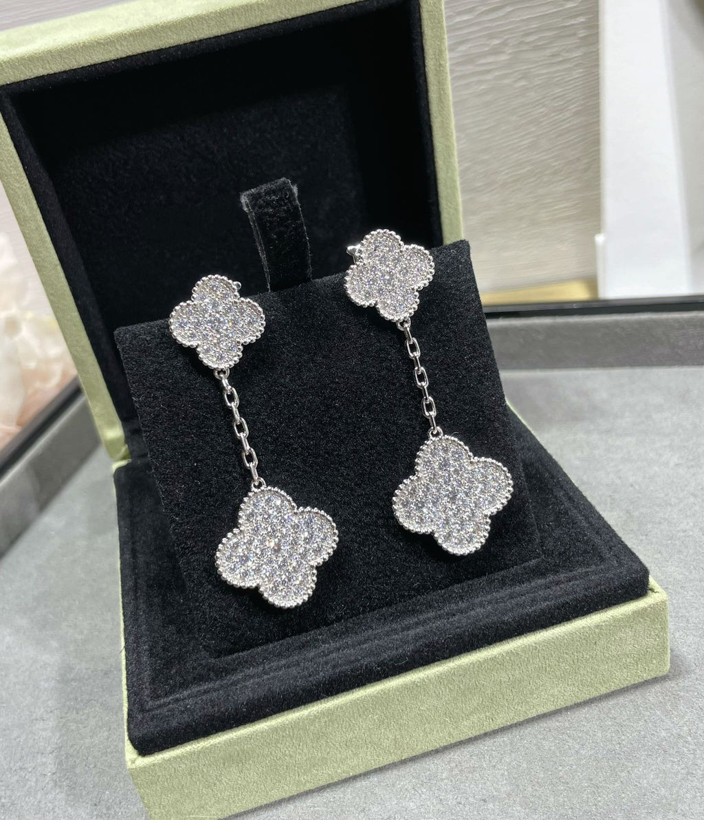 Loco CLOVER 2 MOTIFS DIAMOND PAVED SILVER EARRINGS