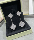 Loco CLOVER 2 MOTIFS DIAMOND PAVED SILVER EARRINGS