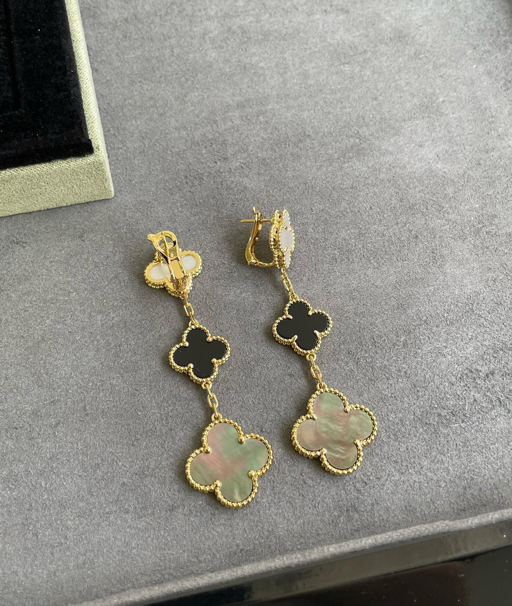 Loco CLOVER 3 MOTIF MOP ONYX DARK MOP PINK GOLD EARRINGS