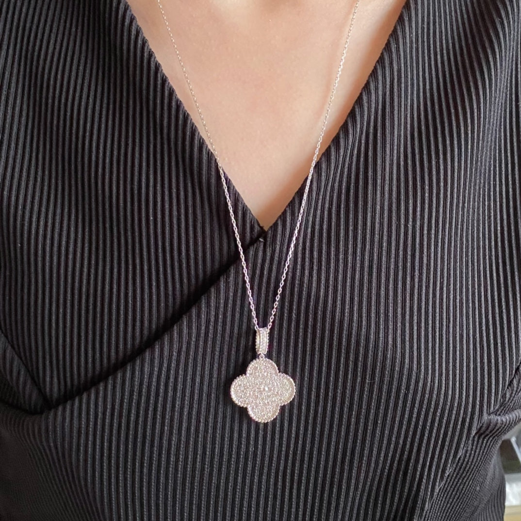 Loco CLOVER 25MM LARGE PEDANT DIAMOND PAVED LONG NECKLACE