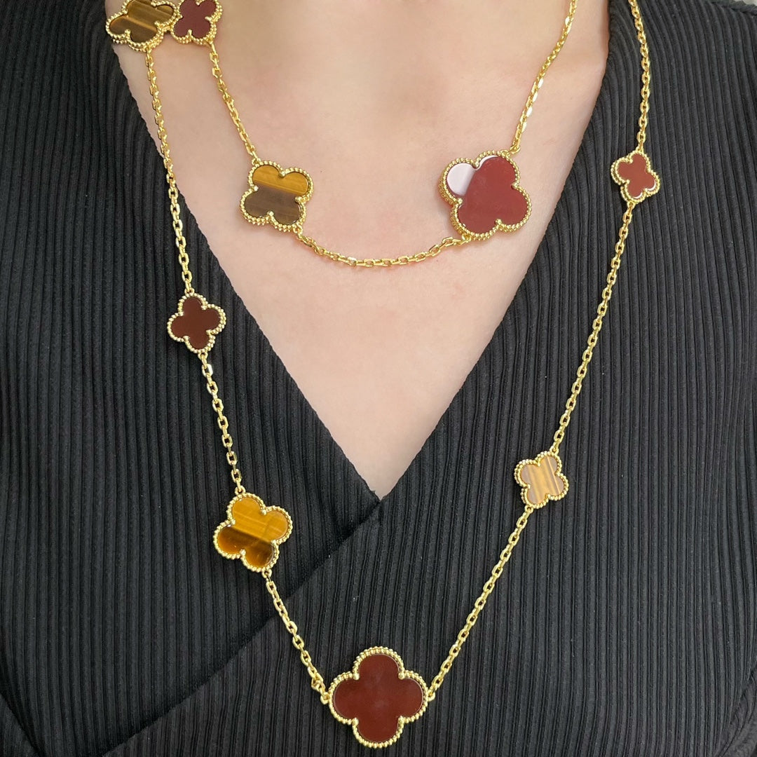 Loco CLOVER 16 MOTIF CARNELIAN TIGER EYE ROSE GOLD NECKLACE