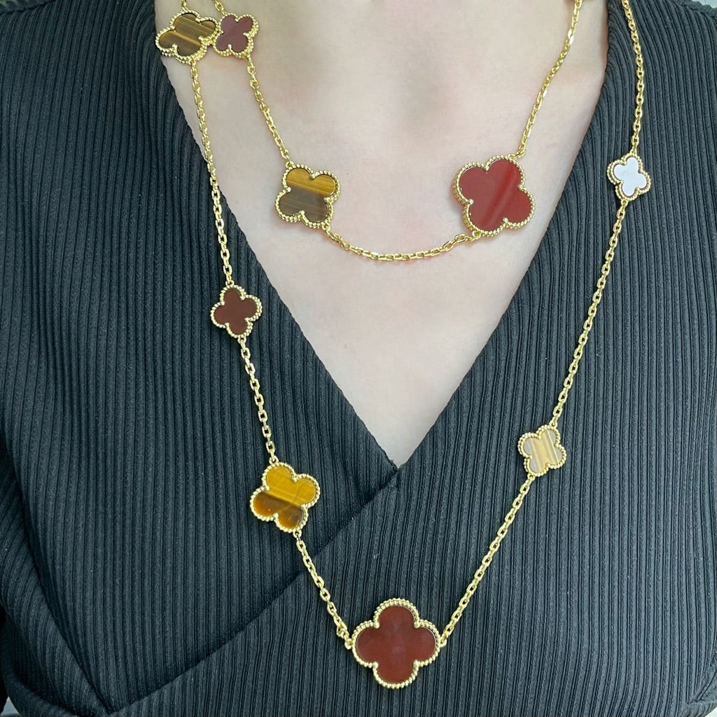 Loco CLOVER 16 MOTIF CARNELIAN TIGER EYE ROSE GOLD NECKLACE