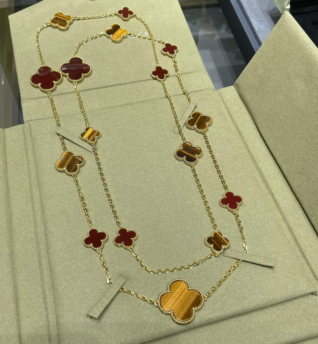 Loco CLOVER 16 MOTIF CARNELIAN TIGER EYE ROSE GOLD NECKLACE