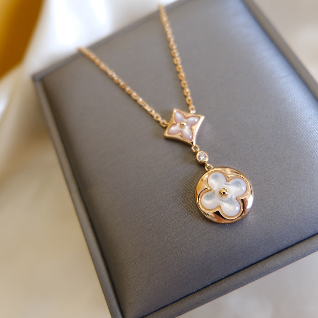 Loco STAR AND SUN WHITE MOP 2 MOTIF PINK GOLD NECKLACE
