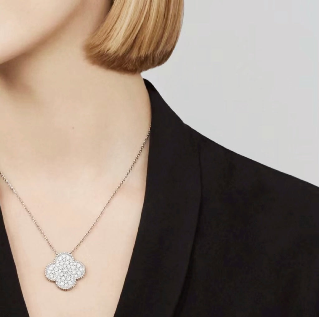Loco CLOVER 25MM LARGE PENDANT DIAMOND PAVED SILVER NECKLACE