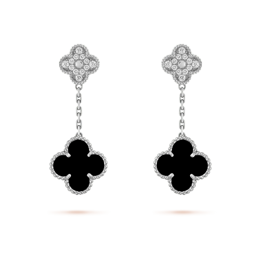 Loco CLOVER 2 MOTIFS  DIAMOND ONYX EARRINGS SILVER