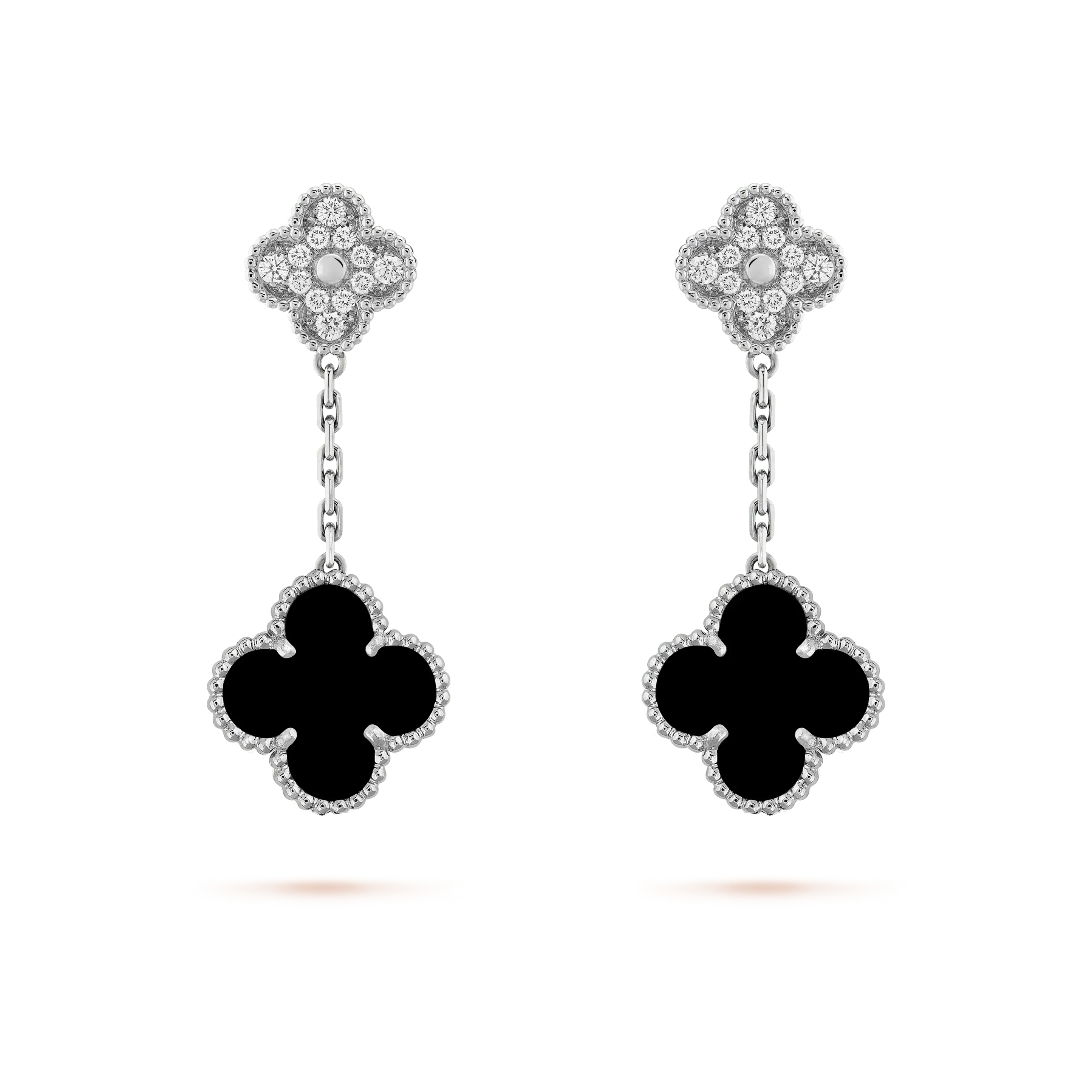 Loco CLOVER 2 MOTIFS  DIAMOND ONYX EARRINGS SILVER