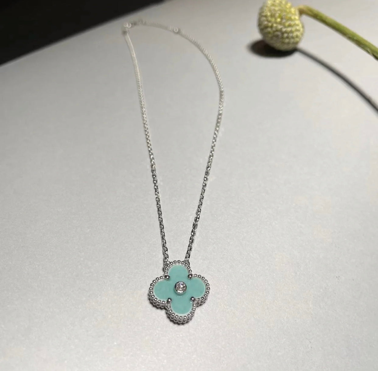 Loco CLOVER 1 DIAMOND LIGHT BLUE SILVER NECKLACE
