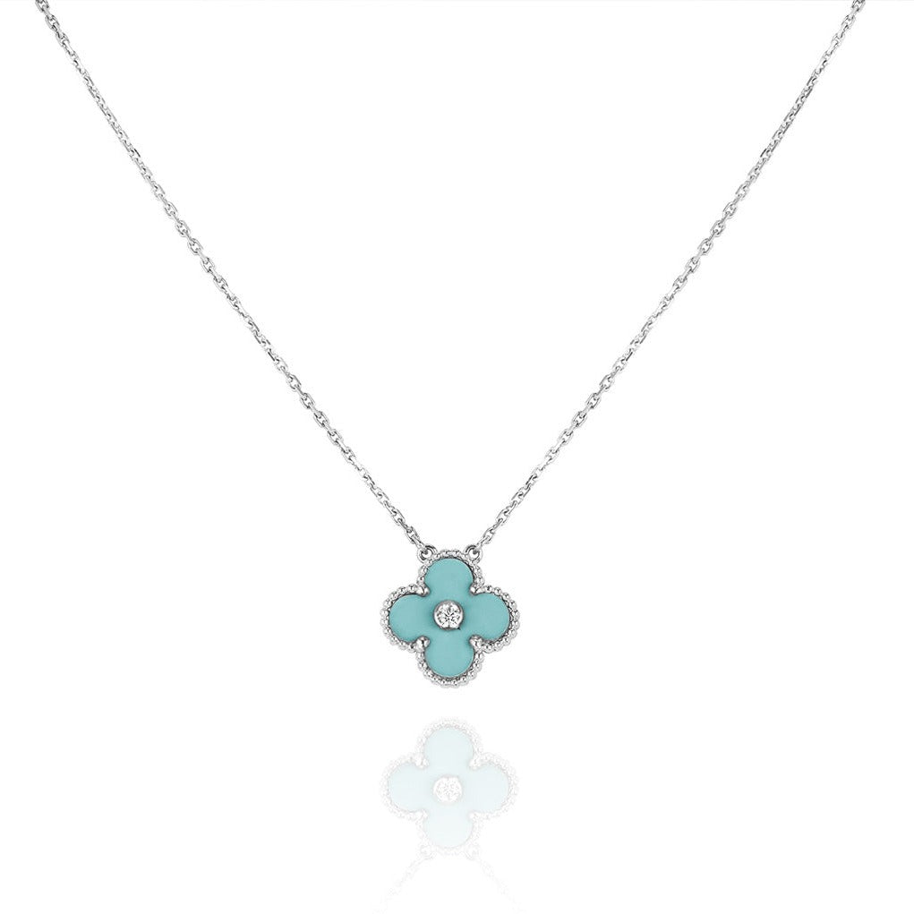 Loco CLOVER 1 DIAMOND LIGHT BLUE SILVER NECKLACE