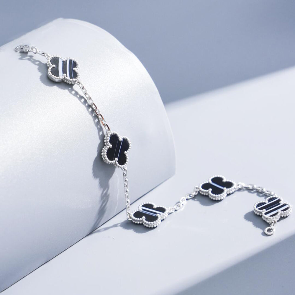 Loco CLOVER 5 MOTIF VEINED ONYX BRACELET SILVER