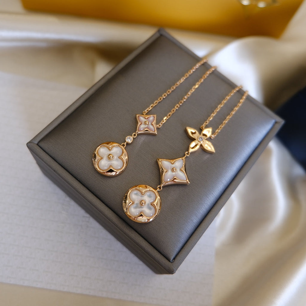 Loco COLOR BLOSSOM LARIAT NECKLACE PINK GOLD WHITE MOTHER PEARL AND DIAMOND