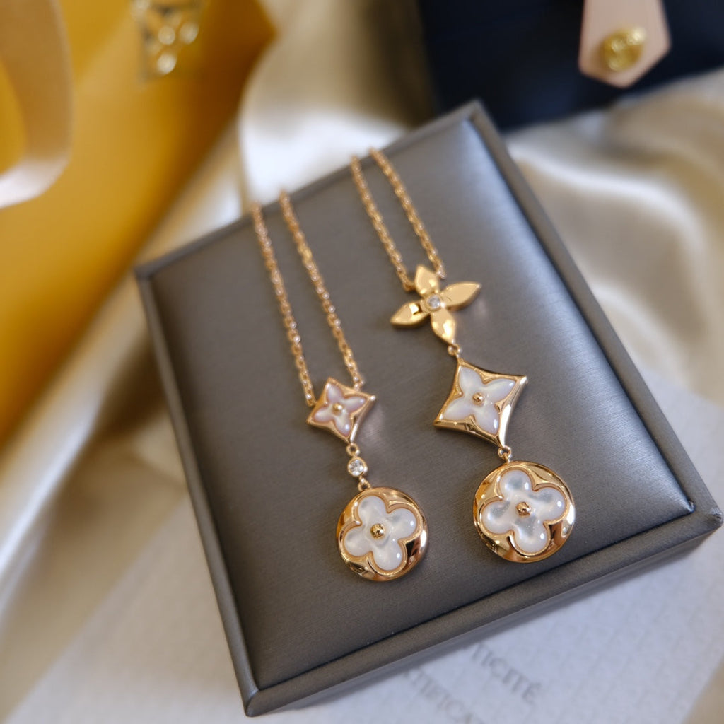 Loco COLOR BLOSSOM LARIAT NECKLACE PINK GOLD WHITE MOTHER PEARL AND DIAMOND