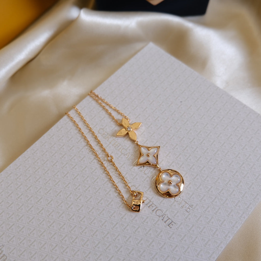 Loco COLOR BLOSSOM LARIAT NECKLACE PINK GOLD WHITE MOTHER PEARL AND DIAMOND