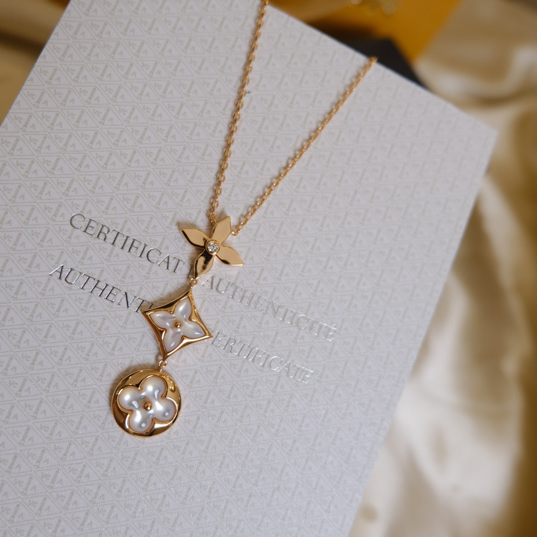 Loco COLOR BLOSSOM LARIAT NECKLACE PINK GOLD WHITE MOTHER PEARL AND DIAMOND