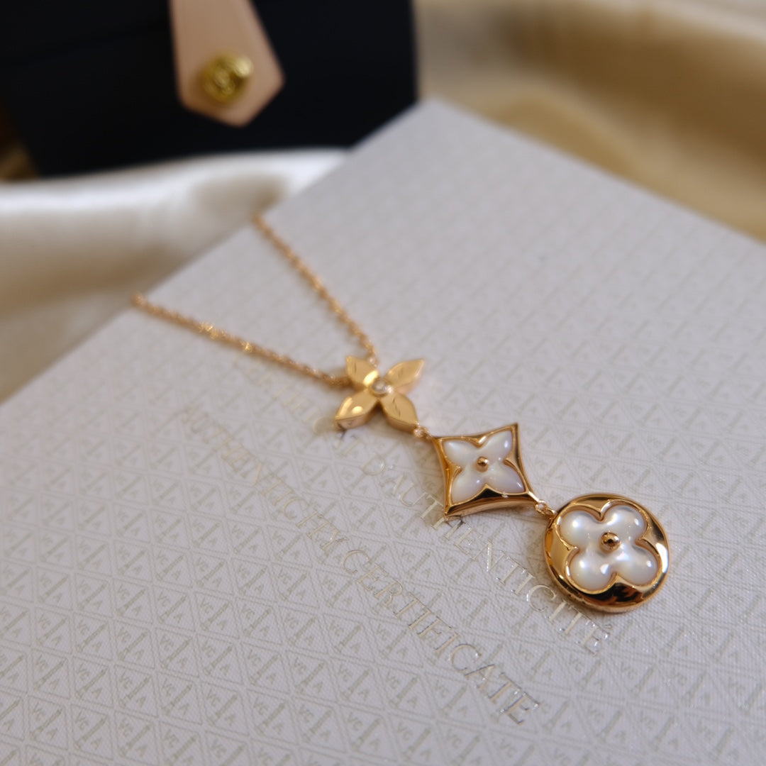 Loco COLOR BLOSSOM LARIAT NECKLACE PINK GOLD WHITE MOTHER PEARL AND DIAMOND