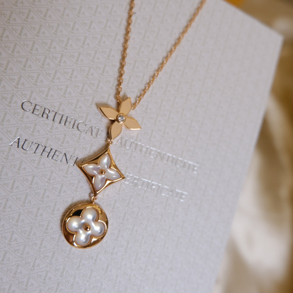 Loco COLOR BLOSSOM LARIAT NECKLACE PINK GOLD WHITE MOTHER PEARL AND DIAMOND