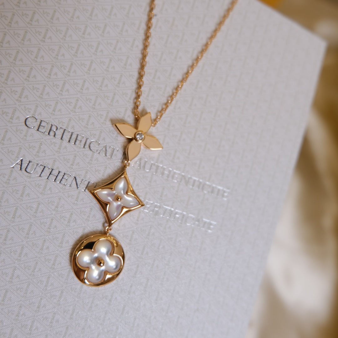 Loco COLOR BLOSSOM LARIAT NECKLACE PINK GOLD WHITE MOTHER PEARL AND DIAMOND