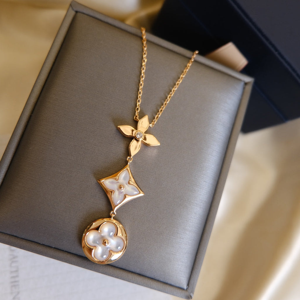 Loco COLOR BLOSSOM LARIAT NECKLACE PINK GOLD WHITE MOTHER PEARL AND DIAMOND