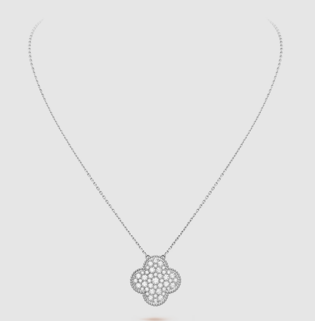 Loco CLOVER 25MM LARGE PENDANT DIAMOND PAVED SILVER NECKLACE