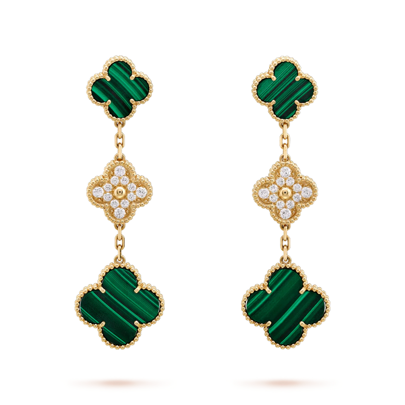 Loco CLOVER EARRINGS GOLD MALACHITE DIAMOND 3 MOTIF